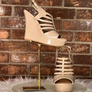 Taupe Open Toe, Strap Detail Wedge Heels